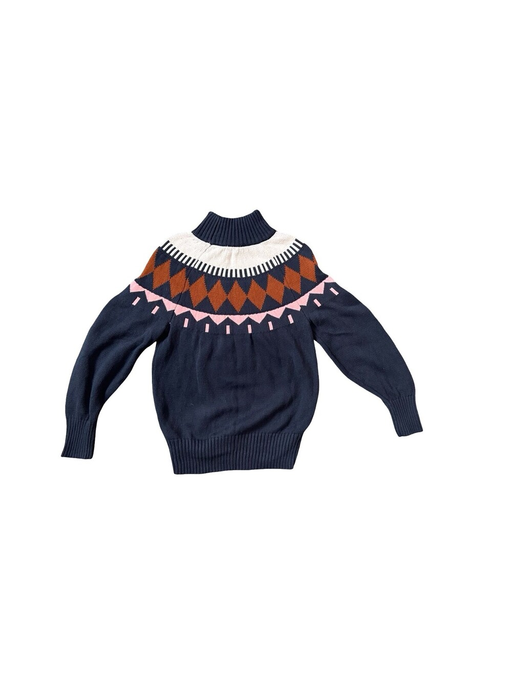 Free Assembly Women's M Fair Isle Mock Neck Sweater Navy Rust Pink Chunky Knit